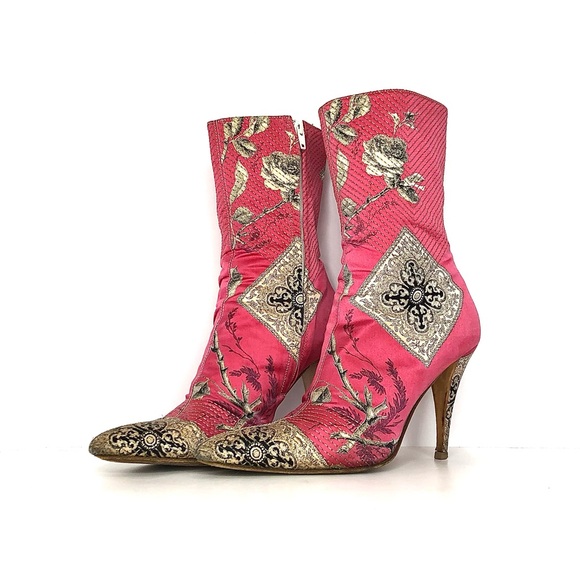 Roberto Cavalli Pink Patchwork Floral Print Pointed Toe Heeled Boots 40 - Picture 1 of 9